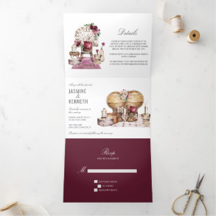 Boho Wedding Burgundy Pink Floral Vintag Elements Dreifach Gefaltete Einladung