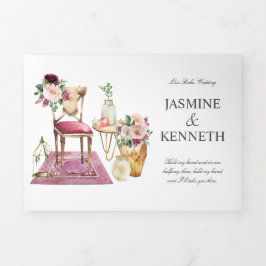 Boho Wedding Burgundy Pink Floral Vintag Elements Dreifach Gefaltete Einladung