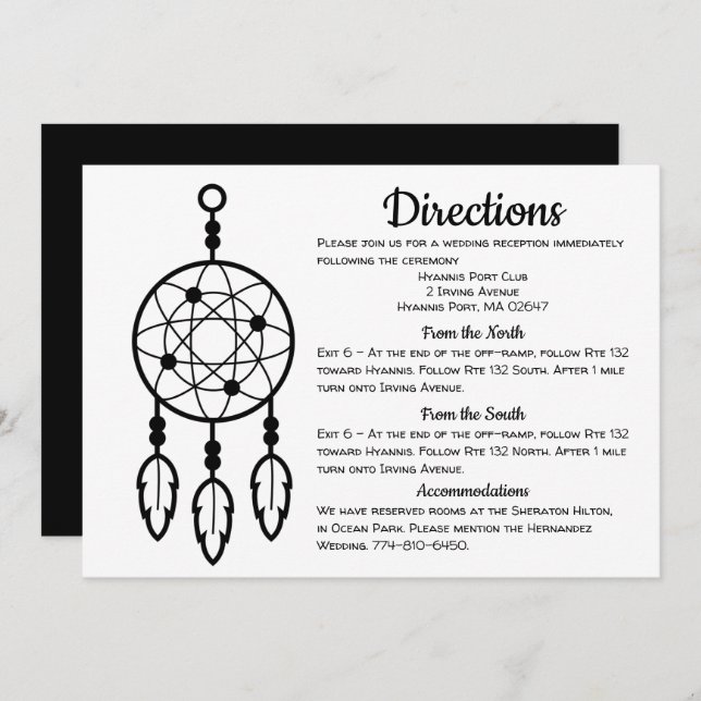 Boho Wedding Directions Dreamcatcher Schwarze Deta Einladung (Vorne/Hinten)