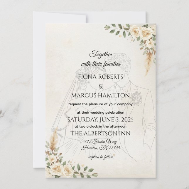 Boho Wedding Einladung Elfenbein Rose & Pampas Gra (Vorderseite)