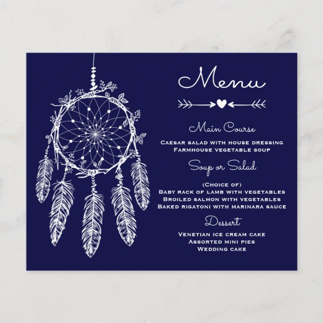 Boho Wedding Menu Navy Blue Dream Catcher (Vorderseite)