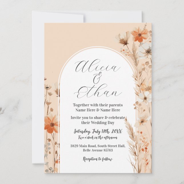 Boho Wedding Peach Florals Blume Einladung (Vorderseite)