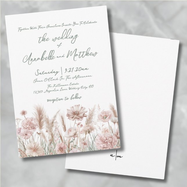 Boho Wedding Rosa Botanische Wildblumen Einladung (Blush Pink Botanical Wildflowers Boho Wedding Invitation)