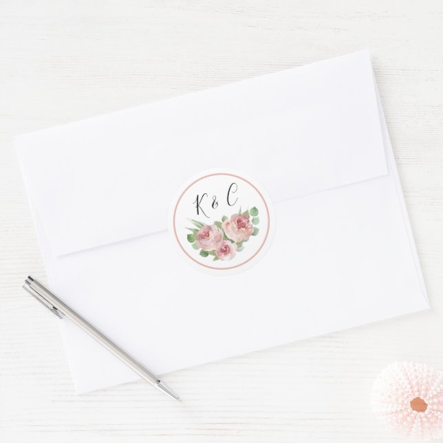 Boho Wedding rosa Floral Monogram Runder Aufkleber (Umschlag)