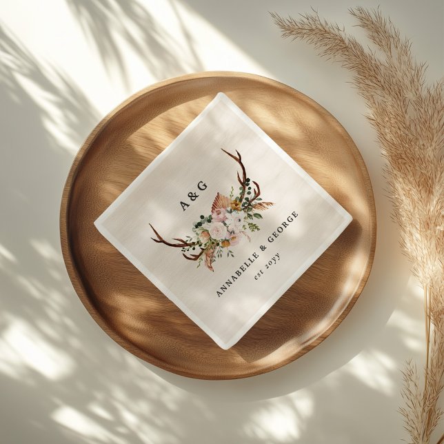 Boho Wedding Rustic Antler Floral Wedding Monogram Serviette (Von Creator hochgeladen)