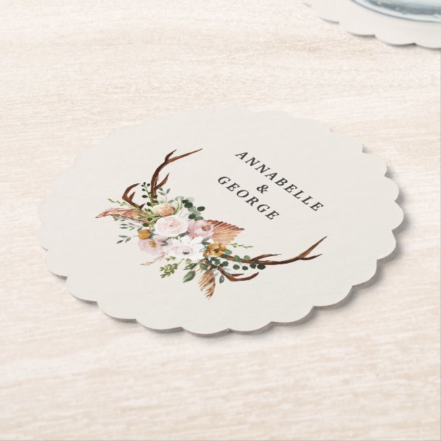 Boho Wedding Rustic Antler Floral Wedding Monogram Untersetzer (angewinkelt)