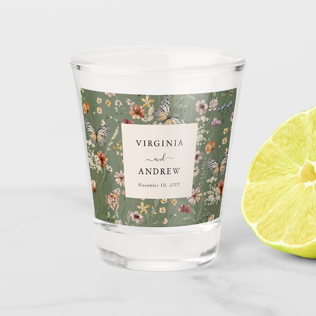 Boho Wedding Shot Glas (Boho Sage Green Floral Wedding Shot Glass by Painted Paperie
)
