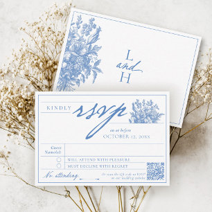 Boho Wedding, Vintager Blumengarten, Blau und Weiß RSVP Karte