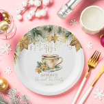 Boho Weihnachts-Brautparty-Tee-Party Pappteller<br><div class="desc">Weihnachts Winter Brautparty Tee Party Geschirr personalisiert Party Teller,  Aquarelltasse Tee mit Schneeflocken Poinsettia und Kekse Kiefern Äste moderne lässige Schriftart Winter Brautparty Teller</div>
