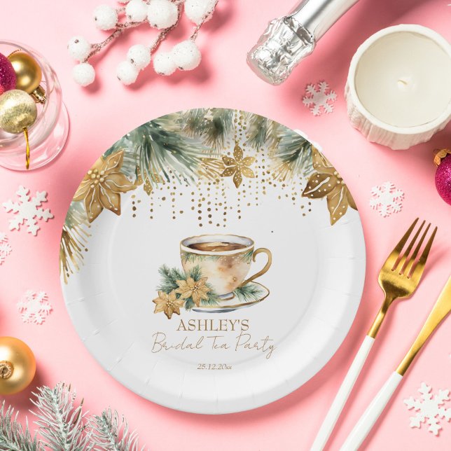 Boho Weihnachts-Brautparty-Tee-Party Pappteller (Boho Christmas winter bridal shower tea party tableware personalized Paper Plates gold poinsettia)