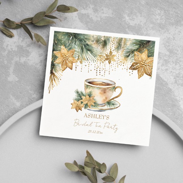 Boho Weihnachts-Brautparty-Tee-Party Serviette (Boho Christmas winter bridal shower tea party tableware personalized Napkins pines gold poinsettia)