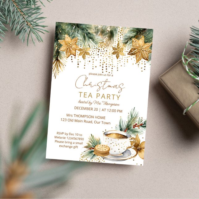 Boho Weihnachts-Brunch-Teevorlage Party Einladung (Boho Christmas Christmas brunch tea party template invitation digital download gold poinsettia cup)