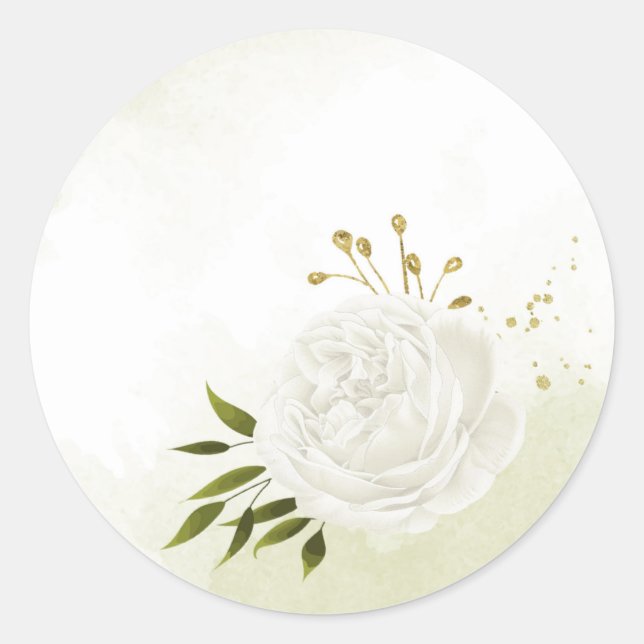 Boho weiße Blume grüne Blätter botanisch Runder Aufkleber (Vorderseite)