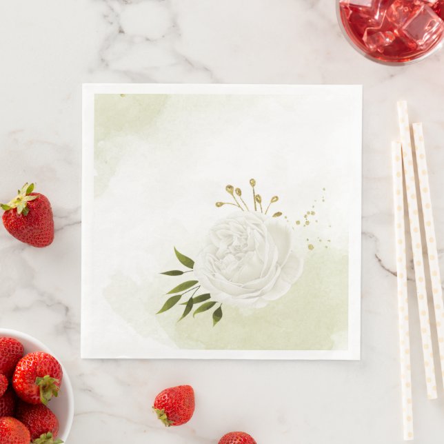 Boho weiße Blume grüne Blätter botanisch Serviette (Beispiel)