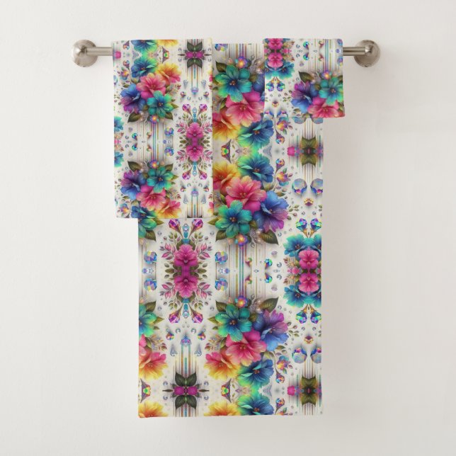 Boho Weiße Blumen Regenbogen Badhandtuch Set (Insitu)
