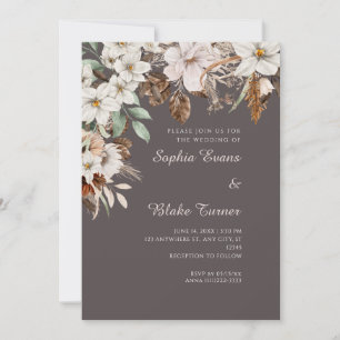 Boho Weiße Blumige Herbst-Aschgraue Hochzeit Einladung