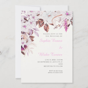 Boho Weiße & Rosa Florale Herbst-Weiße Hochzeit Einladung