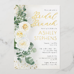 Boho Weiße Rose Floral   Eukalyptus Braut-Brunch Folieneinladung