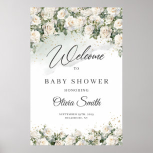 Boho Weiße Rosen Floraler Garten Baby Shower Willk Poster