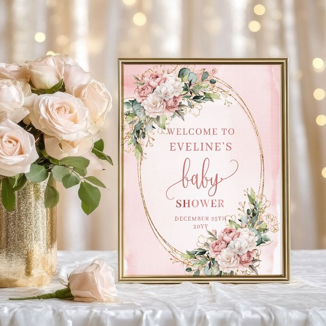 Boho Welcome Blush Pink Flowers Baby Shower Sign Poster (Boho Welcome Blush Pink Flowers Baby Shower Sign)