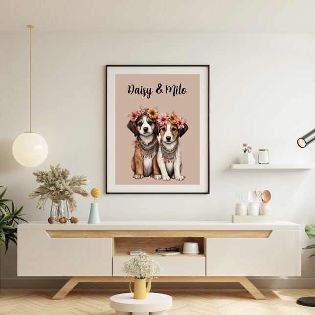 Boho Welppies mit Blume Poster (Boho Puppies with Flowers Poster)