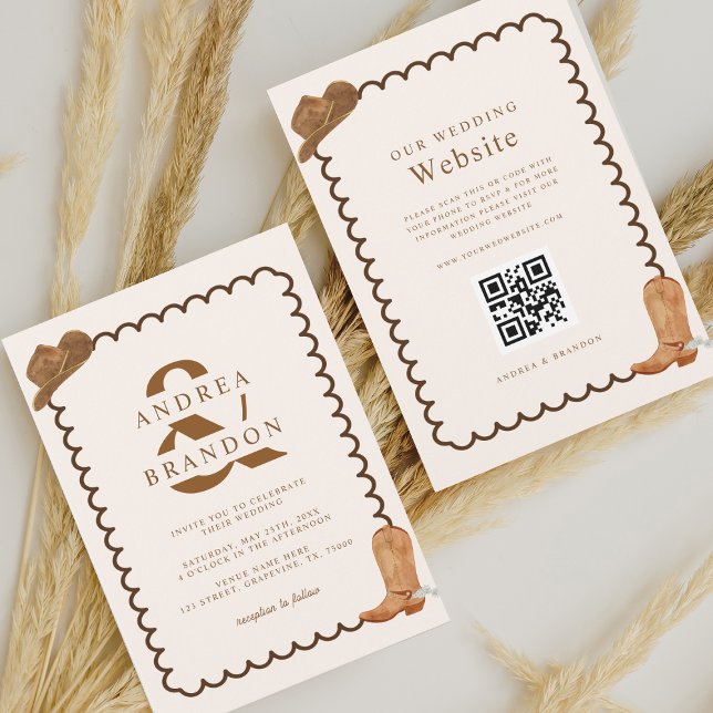 Boho Western Ampersand Wavy Frame Qr Code Hochzeit Einladung (Von Creator hochgeladen)