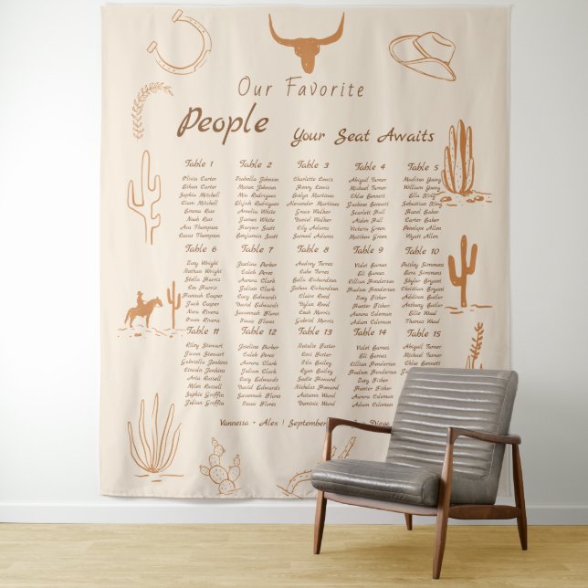 Boho Western Favorite People Wedding Seating chart Wandteppich (Beispiel)