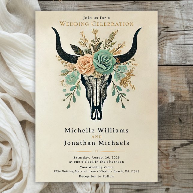 Boho Western Floral Bull Kuh Skull Hochzeit Einladung (Front - Boho Floral Bull Skull Wedding Invitation)