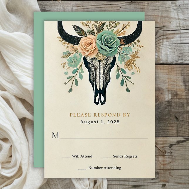 Boho Western Floral Bull Kuh Skull Hochzeit RSVP Karte (Boho Floral Bull Skull Wedding RSVP Card)