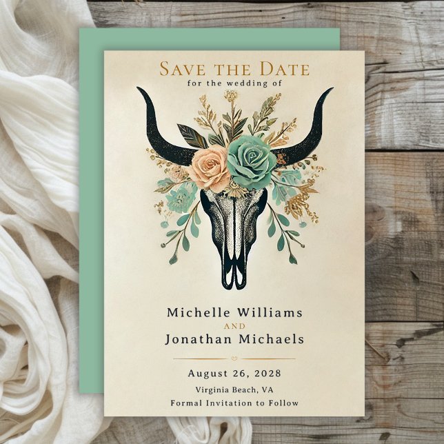 Boho Western Floral Bull Kuh Skull Hochzeit Save The Date (Boho Floral Bull Cow Skull Wedding Save The Date)