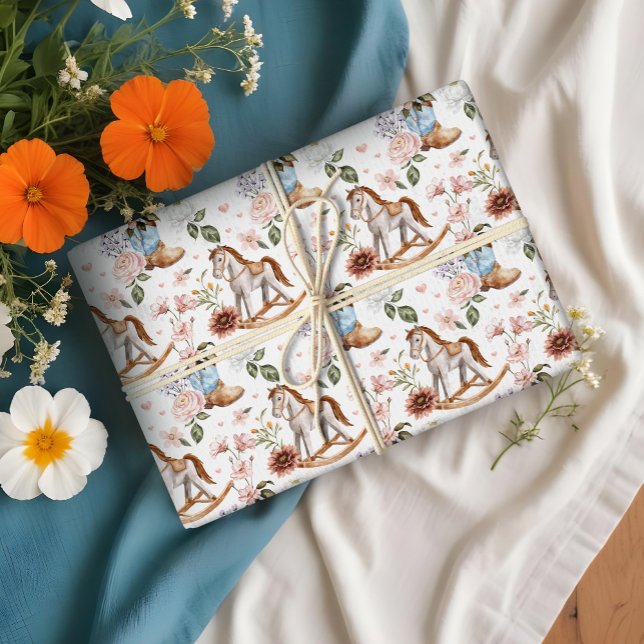 Boho Western Floral Rocking Horse Boy Babydusche Geschenkpapier (Boho Western Floral Rocking Horse Boy Baby Shower Wrapping Paper)