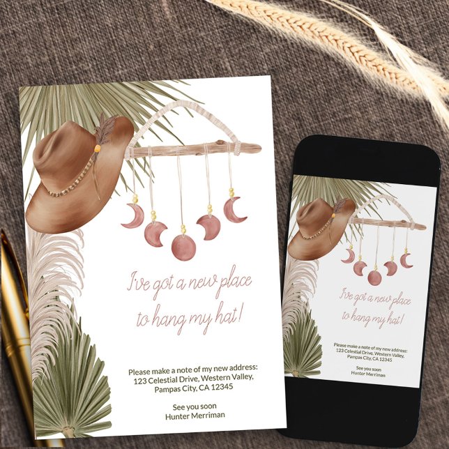Boho Western New Place to Hang Hat Moving Ankündigung (cowgirl hat new address card available printed or as printable digital download)