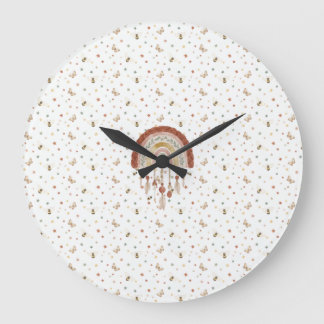 Boho Whimsical Biene & Erdiger Regenbogen-Kinderzi Große Wanduhr