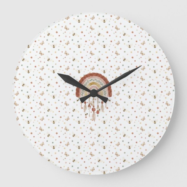 Boho Whimsical Biene & Erdiger Regenbogen-Kinderzi Große Wanduhr (Vorderseite)