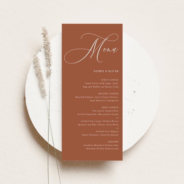 Boho Whimsical Calligraphy Terracotta Wedding Menükarte (Customizable wedding menu card featuring whimsical calligraphy and terracotta background.)