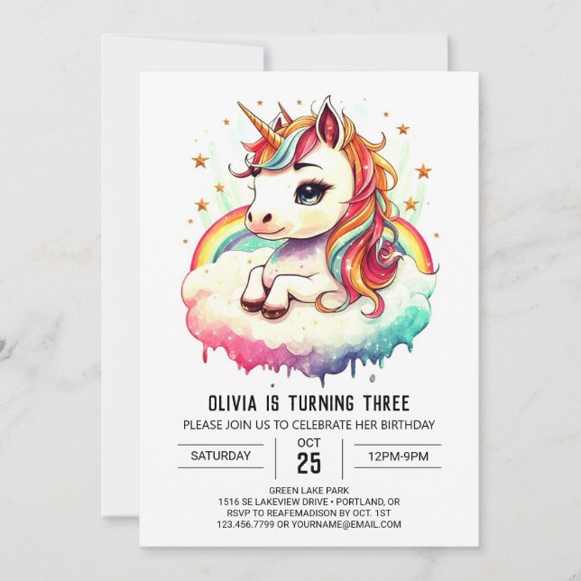 Boho Whimsical Unicorn Geburtstag Einladung (Vorderseite)