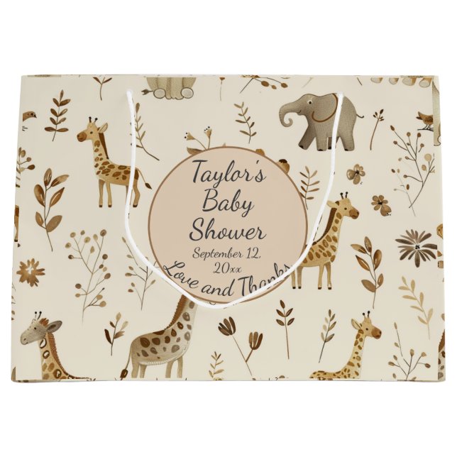 Boho White Beige Jungle Animals Baby Dusche Große Geschenktüte (Vorderseite)