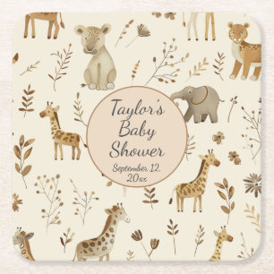 Boho White Beige Jungle Animals Baby Dusche Rechteckiger Pappuntersetzer