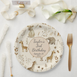 Boho White Beige Jungle Animals Geburtstag Pappteller