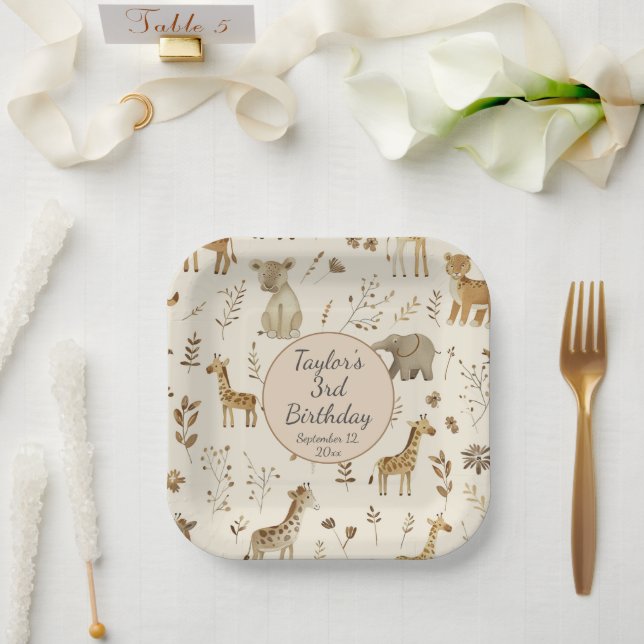 Boho White Beige Jungle Animals Geburtstag Pappteller (Hochzeit)