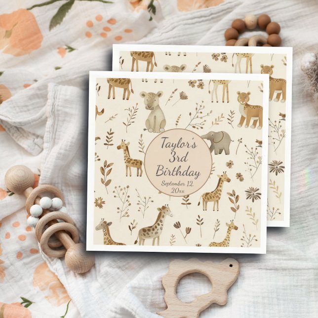 Boho White Beige Jungle Animals Geburtstag Serviette (Von Creator hochgeladen)