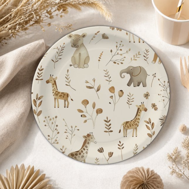 Boho White Beige Jungle Animals Pappteller (Von Creator hochgeladen)