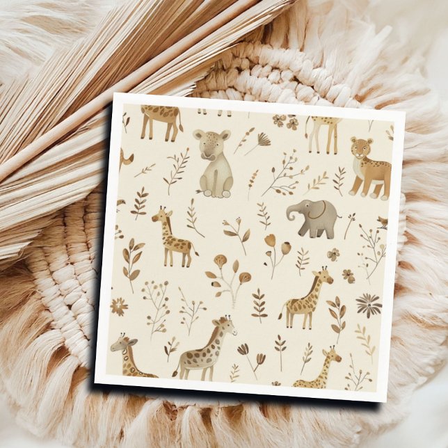 Boho White Beige Jungle Animals Serviette (Von Creator hochgeladen)