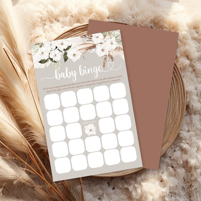 Boho White Floral Baby Dusche Bingo Game Card (Boho Baby Bingo)