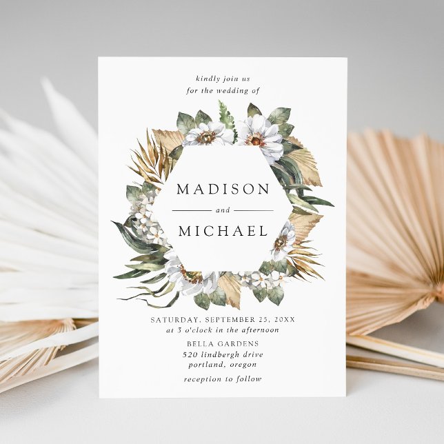 Boho White Floral & Greenerity Wedding Einladung (Von Creator hochgeladen)