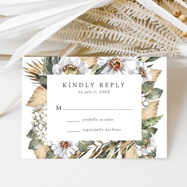Boho White Floral & Greenerity Wedding RSVP Karte (Von Creator hochgeladen)