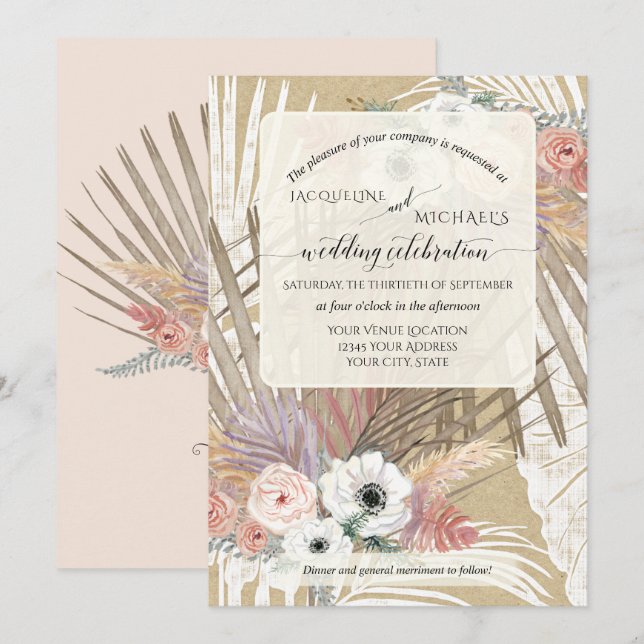 BOHO White Floral Rustic Pampas Grass Tropical Einladung (Vorne/Hinten)