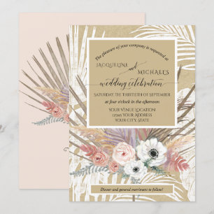 BOHO White Floral Rustic Pampas Grass Tropical Einladung