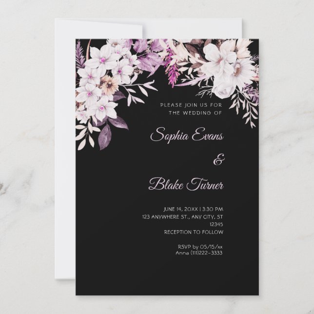Boho White Floral Winter Black Wedding Einladung (Vorderseite)