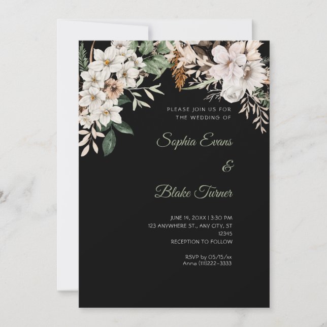 Boho White Floral Winter Black Wedding Einladung (Vorderseite)